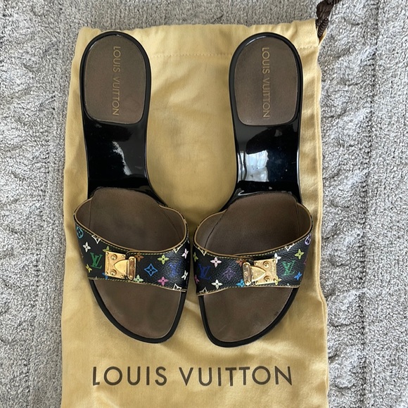 Louis Vuitton Shoes - LOUIS VUITTON 
Black Canvas Monogram Multicolor Open Toe Mules Size 41 (US 11)